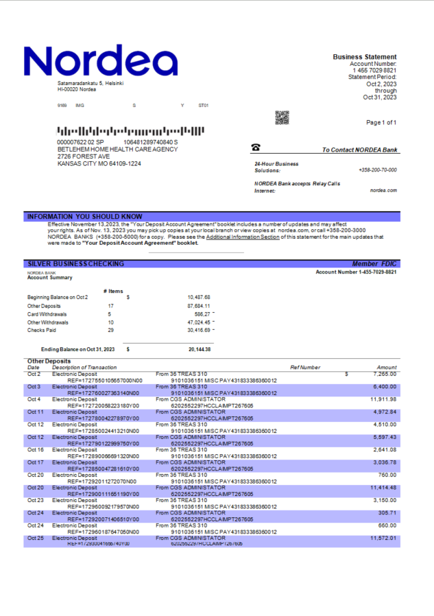 Modèle Word et PDF de relevé de compte courant d'entreprise Nordea Bank